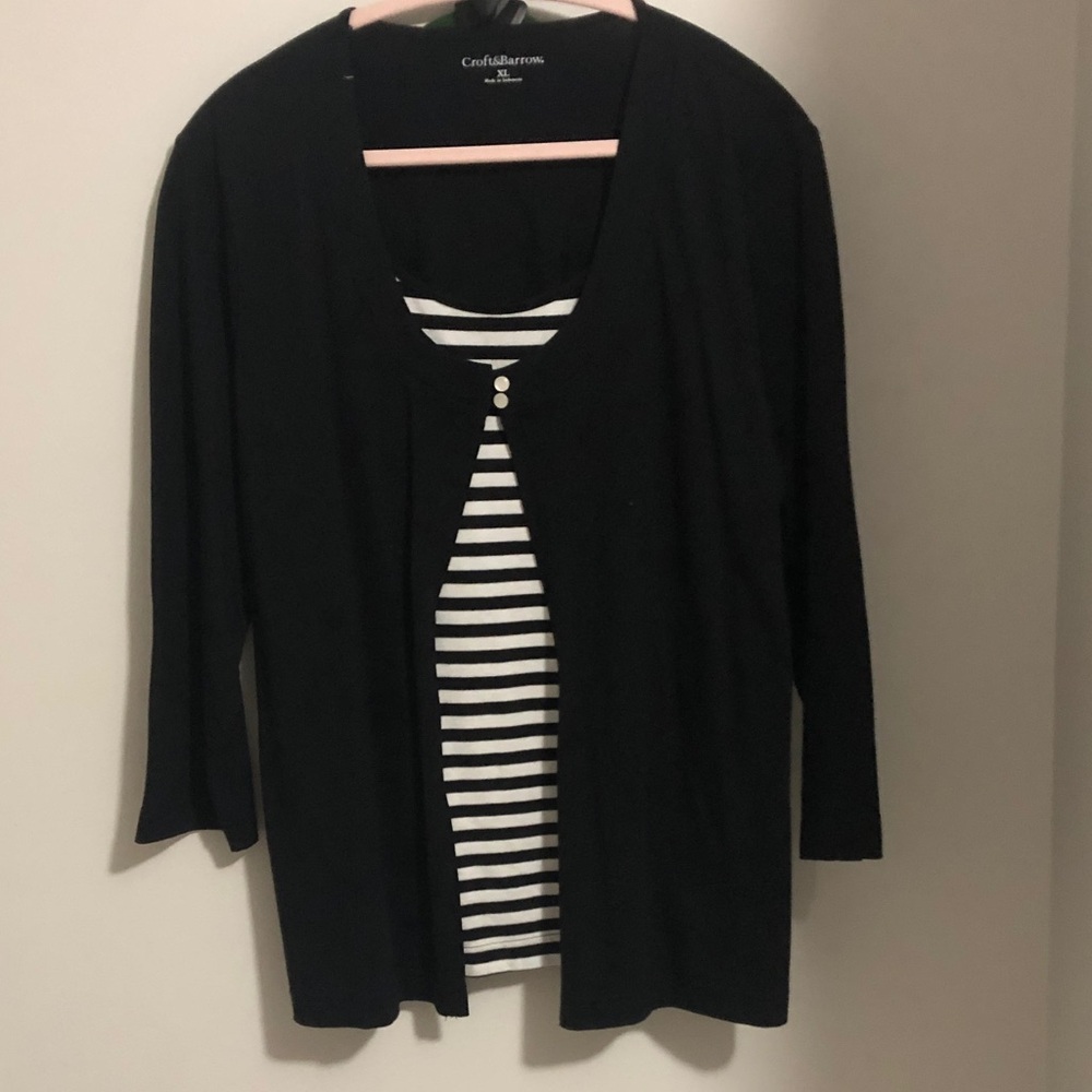 croft & barrow Black Cardigan with Black and White Striped Shell
